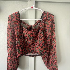Altar'd State Black Red Floral Sheer Cropped Blouse